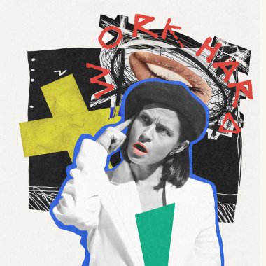 Çağdaş sanat kolajı. Genç bir kadın, düşünceli bir ifadeyle ofis müdürü çok çalıştığını iddia ediyor. Soyut sanat kavramı, sürrealizm, iş, yaşam tarzı. İlan için boşluk kopyala, poster