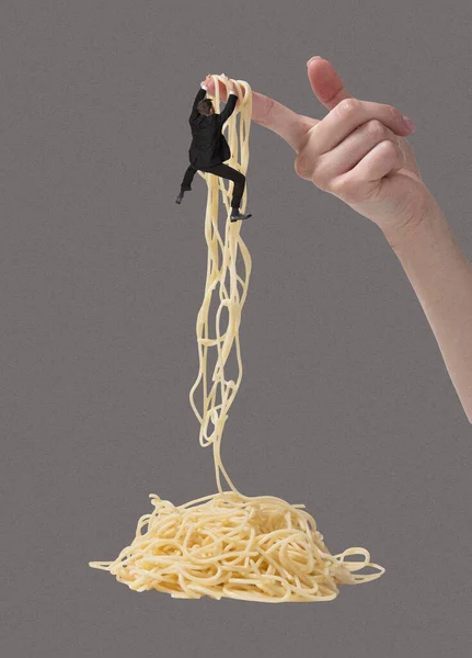 Contemporary Art Collage Creative Design Business Man Swinging Noodles Symbolizing — Stock Photo, Image