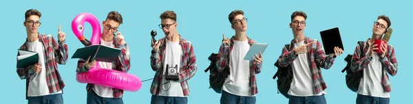 Portrait Young Boy Student Casual Clothes Isolated Blue Studio Background — Stock Photo, Image