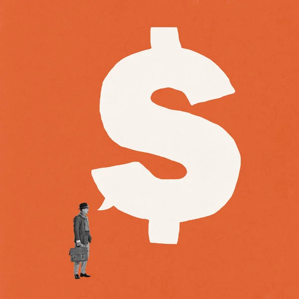 創造的なデザイン 現代美術のコラージュ オレンジの背景の上にギリシャドルのサインの近くに立っている公式服の男 利益を上げる 商業システム 挑戦の概念 — ストック写真