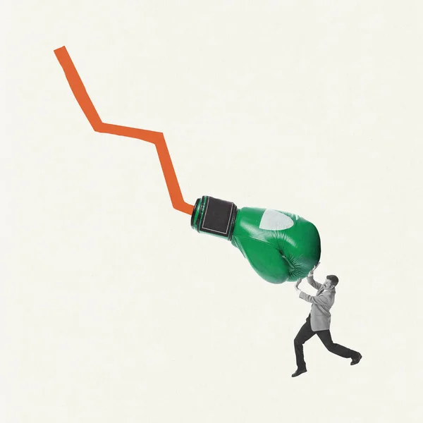 Creatief Ontwerp Hedendaagse Kunst Collage Grote Bokshandschoen Financiële Grafiek Raakt — Stockfoto