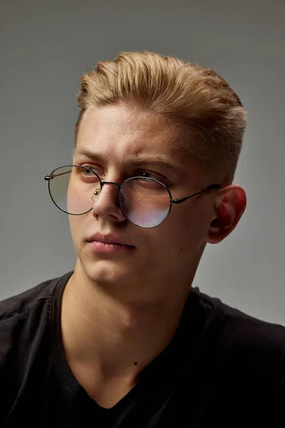 Portrait Young Stylish Man Blonde Hair Posing Black Casual Shirt — Stock Photo, Image