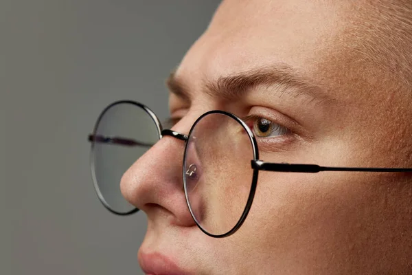 Close Portrait Mens Eyes Stylish Glasses Isolated Grey Studio Background — Stock Photo, Image