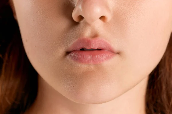 豊満な女性の唇のトリミング画像 ヌードメイク 滑らかな肌 化粧品の顔のケア ライフスタイル 美しさ 化粧品 唇の増強の概念 — ストック写真