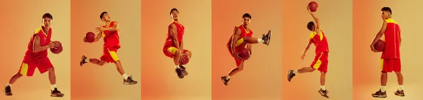 Коллаж Портреты Молодого Спортсмена Тренирующегося Играющего Баскетбол Изолированного Оранжевом Фоне — стоковое фото