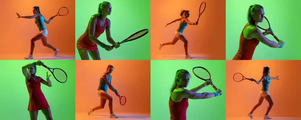 Kollázs Sportos Profi Teniszező Akcióban Narancs Stúdió Hátterén Edz Neon — Stock Fotó