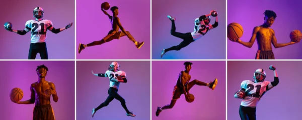 コラージュ ネオンの光の中でピンクの背景に隔離された若い男性 スポーツ選手は バスケットボールやアメリカのサッカーを訓練します アクティブライフ チームゲーム エネルギー スポーツ 競争の概念 — ストック写真