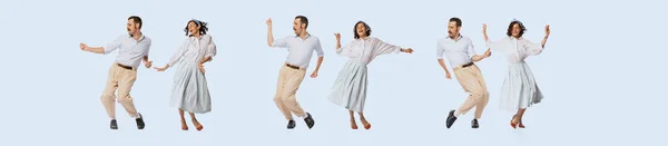 Collage Young Beautiful Couple Man Woman Elegant Retro Clothes Dancing — Stock Photo, Image