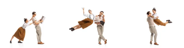 Collage Stylish Young Man Woman Vintage Clothes Having Fun Dancing — Stock Photo, Image