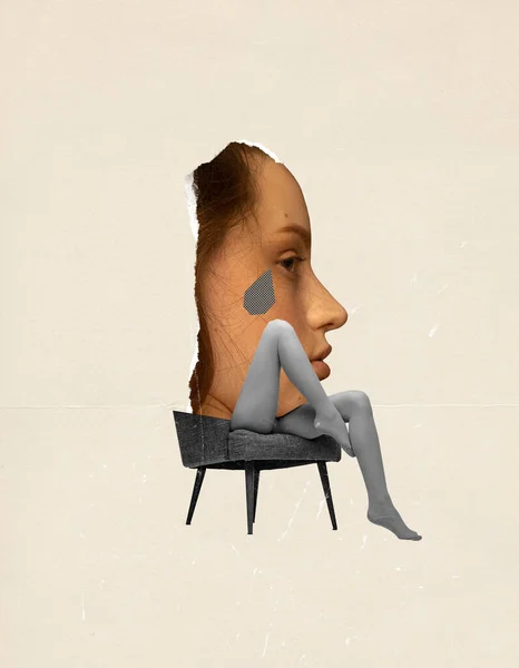 Collage Arte Contemporanea Immagine Concettuale Viso Femminile Che Esprime Tristezza — Foto Stock
