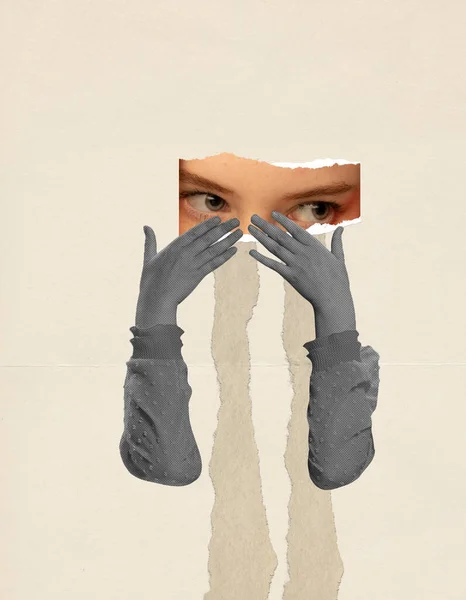 Коллаж Современного Искусства Концептуальный Образ Обрезанное Изображение Женских Глаз Рук — стоковое фото