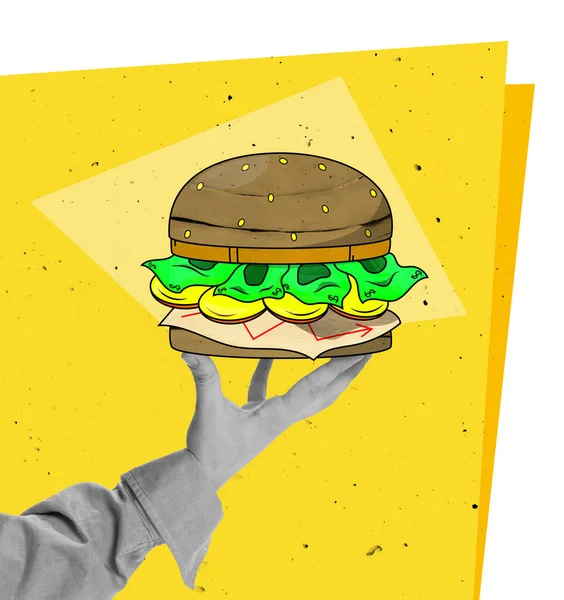 Collage Zeitgenössischer Kunst Kreatives Design Menschen Halten Burger Der Hand — Stockfoto