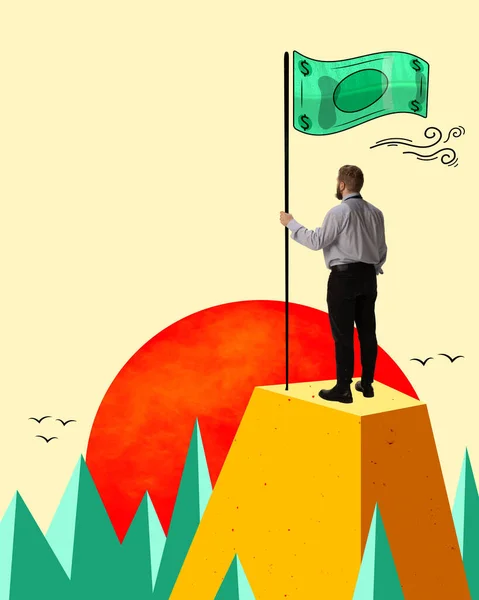 現代美術のコラージュ 創造的なデザイン ビジネスマンの崖の上に立ってお金のフラグは プロの達成を象徴する ビジネス 金融成長 利益の概念 — ストック写真