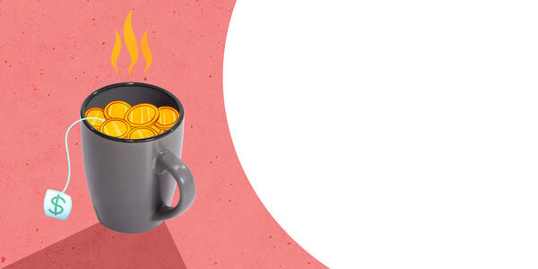 Коллаж современного искусства. Творческий дизайн. Чашка чая, наполненная монетами, символизирующими прибыль, рост денег и развитие карьеры. Концепция бизнеса, успеха, финансового роста. Копирование места для рекламы