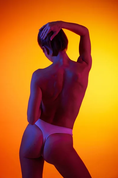 Portrait Woman Underwear Naked Back Isolated Orange Background Rear View — Stock Photo, Image