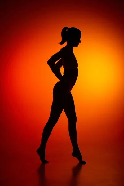 Silhouette of female full-length body isolated over orange background. Side view. Body art, aesthetics. Concept of beauty, femininity, health, sport, lifestyle