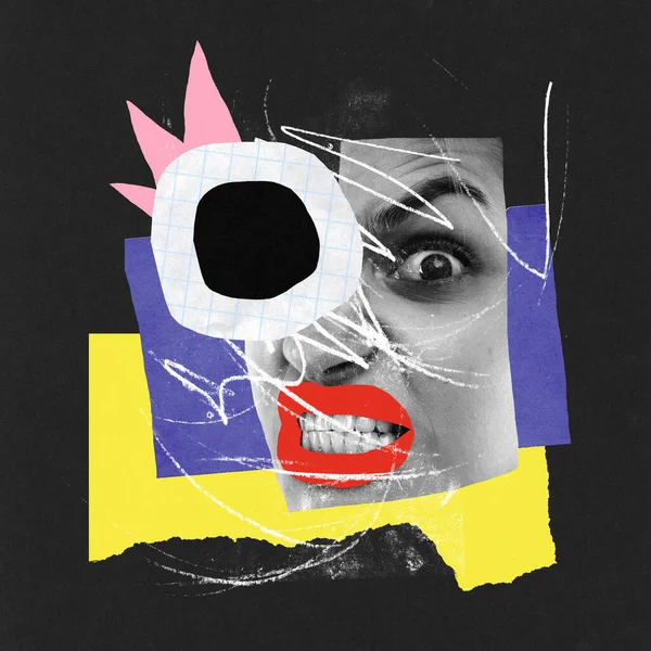 Hedendaagse Kunst Collage Creatief Helder Ontwerp Jonge Vrouw Met Boze — Stockfoto