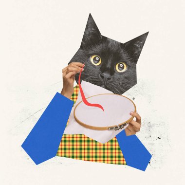 Çağdaş sanat eserleri. Kedi kafası ve kadın eli, nakış işi, nakış işi. İğne iplikle resim yapmak. Sürrealizm kavramı, hobi, yaratıcılık, hayvan teması. İlan, metin için boşluk kopyala