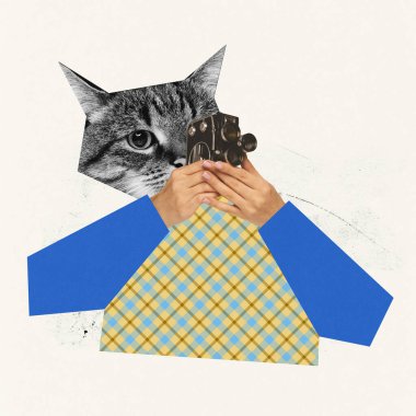 Çağdaş sanat kolajı. Yaratıcı tasarım. Kediler insan eliyle klasik fotoğraf makinesi tutup fotoğraf çekiyorlar. Fotoğrafçı. Sürrealizm kavramı, hobi, hayvan teması. İlan, metin için boşluk kopyala