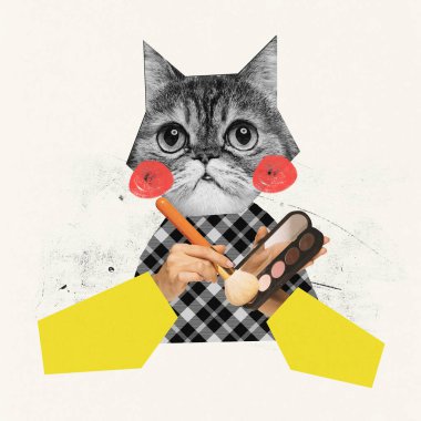 Çağdaş sanat kolajı. Yaratıcı tasarım. Komik kediler kafası ve yanaklarına allık süren kadın eli. Makyöz. Sürrealizm kavramı, hobi, yaratıcılık, hayvan teması. İlan, metin için boşluk kopyala