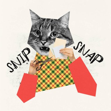 Çağdaş sanat kolajı. Yaratıcı tasarım. Kedi kafası insan eliyle origami yapıyor. Kesme kağıdı. Kırt kırt. Sürrealizm kavramı, hobi, yaratıcılık, hayvan teması. İlan, metin için boşluk kopyala