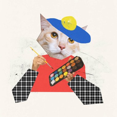 Çağdaş sanat kolajı. Yaratıcı tasarım. Kediler boyaları tutan kadın elleriyle ressam imajı çizerler. Tablolar. Sürrealizm kavramı, hobi, yaratıcılık, hayvan teması. İlan, metin için boşluk kopyala