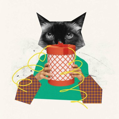 Çağdaş sanat kolajı. Yaratıcı tasarım. Hediye kutusunu tutan kadın eli olan kediler. Sürrealizm kavramı, hobi, yaratıcılık, hayvan teması. İlan, metin için boşluk kopyala