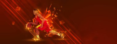 Yaratıcı sanat eserleri. Sportif adam, kırmızı zemin üzerinde hareket eden basketbol oyuncusu çokgen ve neon elementlerle birlikte. Salya akıtıyor. Spor anlayışı, etkinlik, yaratıcılık, enerji. Sanat için alanı kopyala