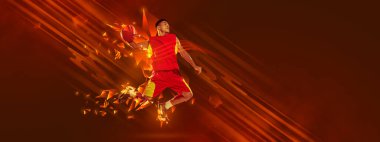 Yaratıcı sanat eserleri. Sportif adam, hareketli basketbol oyuncusu, kırmızı arka planda çokgen ve akışkan neon elementlerle oynuyor. Spor anlayışı, etkinlik, yaratıcılık, enerji. Sanat ve metin için alanı kopyala