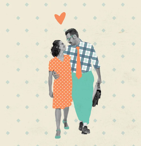 現代美術のコラージュ レトロなスタイルで創造的なデザイン 美しいカップル 男と女 一緒に歩いて ロマンス ヴィンテージ ライフスタイルの概念 — ストック写真