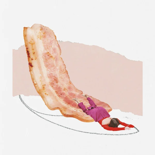 Contemporary Art Collage Creative Design Young Girl Sliding Fried Bacon — Stock Photo, Image