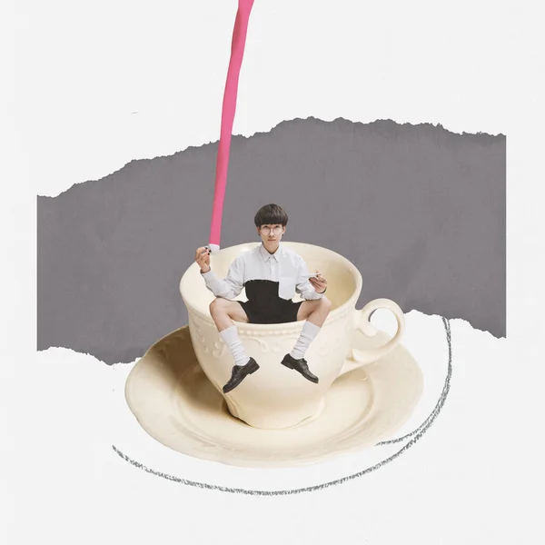 Çağdaş Sanat Kolajı Kahve Fincanının Içinde Genç Şık Bir Adamın — Stok fotoğraf