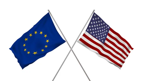 Drapeau agitant des Etats-Unis et de l'Union européenne sur le pôle Graphismes Vectoriels