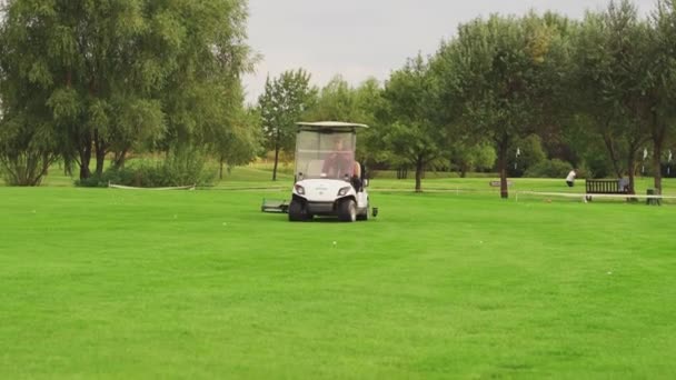 Une voiture électrique avec une remorque pour ramasser des balles balades sur le terrain de golf. — Video