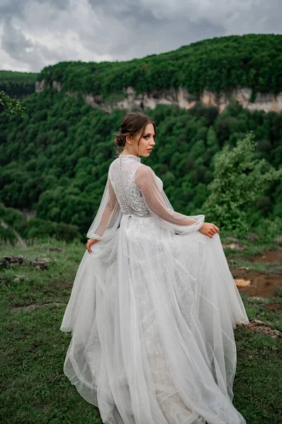 bride in a wedding dress posing in mountains. view from back.