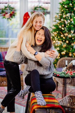 Evin yeni yıl dekorasyonunda iki neşeli arkadaş. Aynı cinsiyetten çiftler