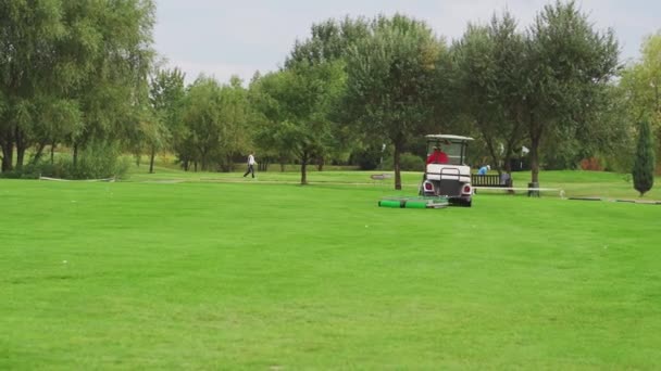 Un coche eléctrico con un remolque para recoger las pelotas paseos en el campo de golf. — Vídeo de stock