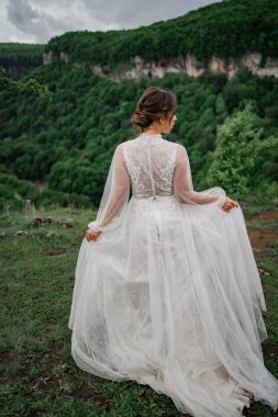 Dağlarda poz veren gelinlikli gelin. Arkadan görünüm. 