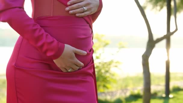 En gravid kvinna i röd tajt klänning smeker magen med händerna. — Stockvideo