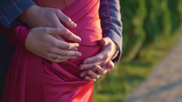 Мужчина и беременная женщина в красном обтягивающем платье гладят ее животик руками. — стоковое видео