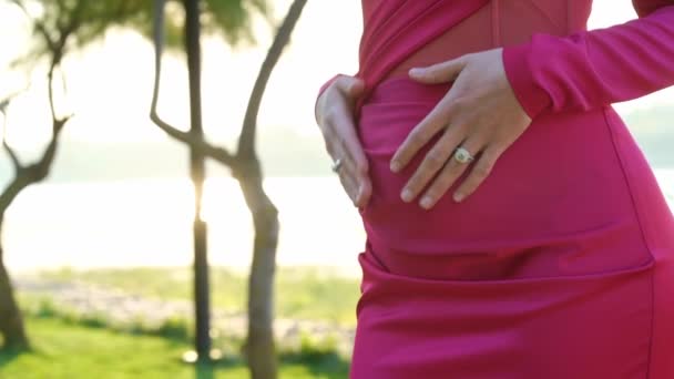 A pregnant woman in a red tight dress stroking her tummy with her hands. — Stock Video