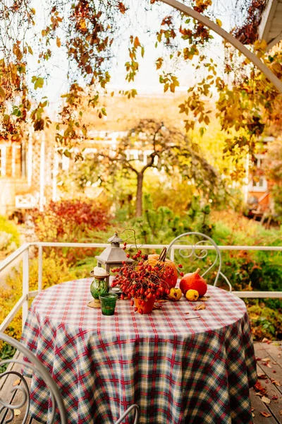 Stůl s kostkovaným ubrusem a podzimní výzdobou dýně, bobulí a svíček — Stock fotografie