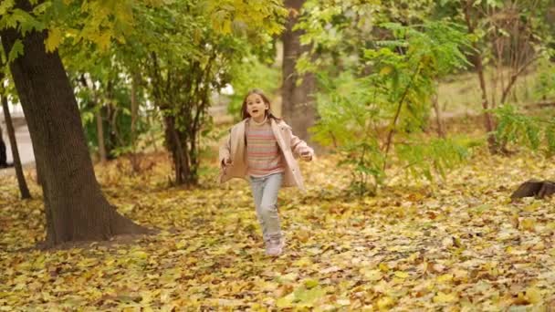 Una linda niña corre por el parque de otoño con castañas en sus manos. — Vídeos de Stock