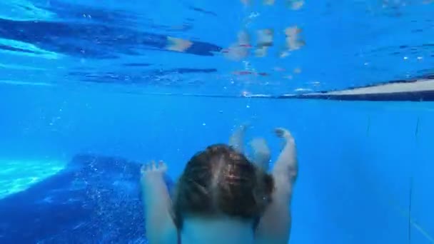 Petite fille en maillot de bain rose plongées dans la piscine. — Video