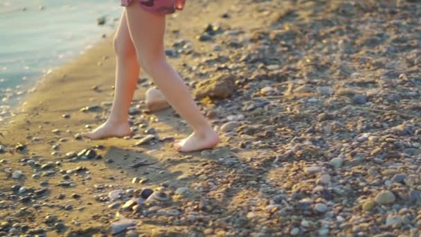 Au coucher du soleil. jambes de fille marchant le long du bord de la mer et jetant des pierres dans l'eau — Video