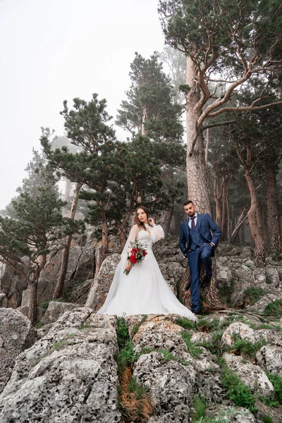 Un beau couple de jeunes mariés sur un rocher dans une forêt de montagne. lune de miel. — Photo