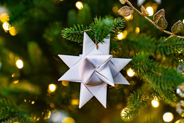 Een zilveren ster op een sparren tak. traditionele kerstversiering. — Stockfoto