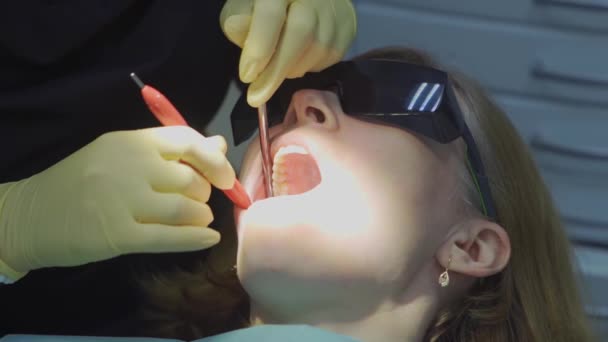 本物だ。歯医者は患者の歯を調べる。定期的なケアと予防. — ストック動画