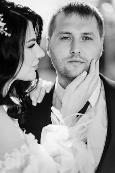 A noiva acaricia suavemente a bochecha dos noivos. românticos, gentis, amando recém-casados. — Fotografia de Stock