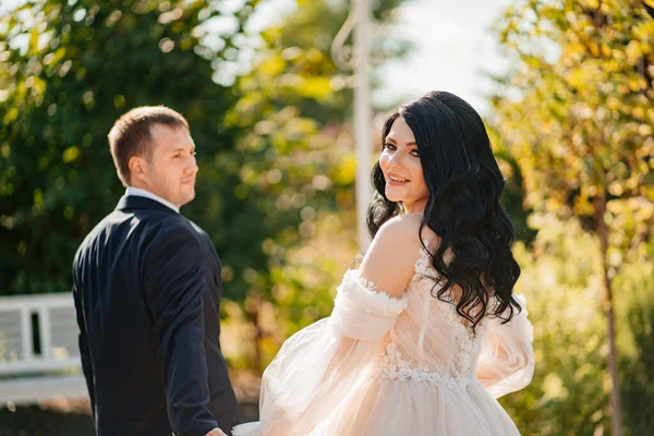 Bride and groom walk holding hands through park. wedding walk. view from back — Foto Stock